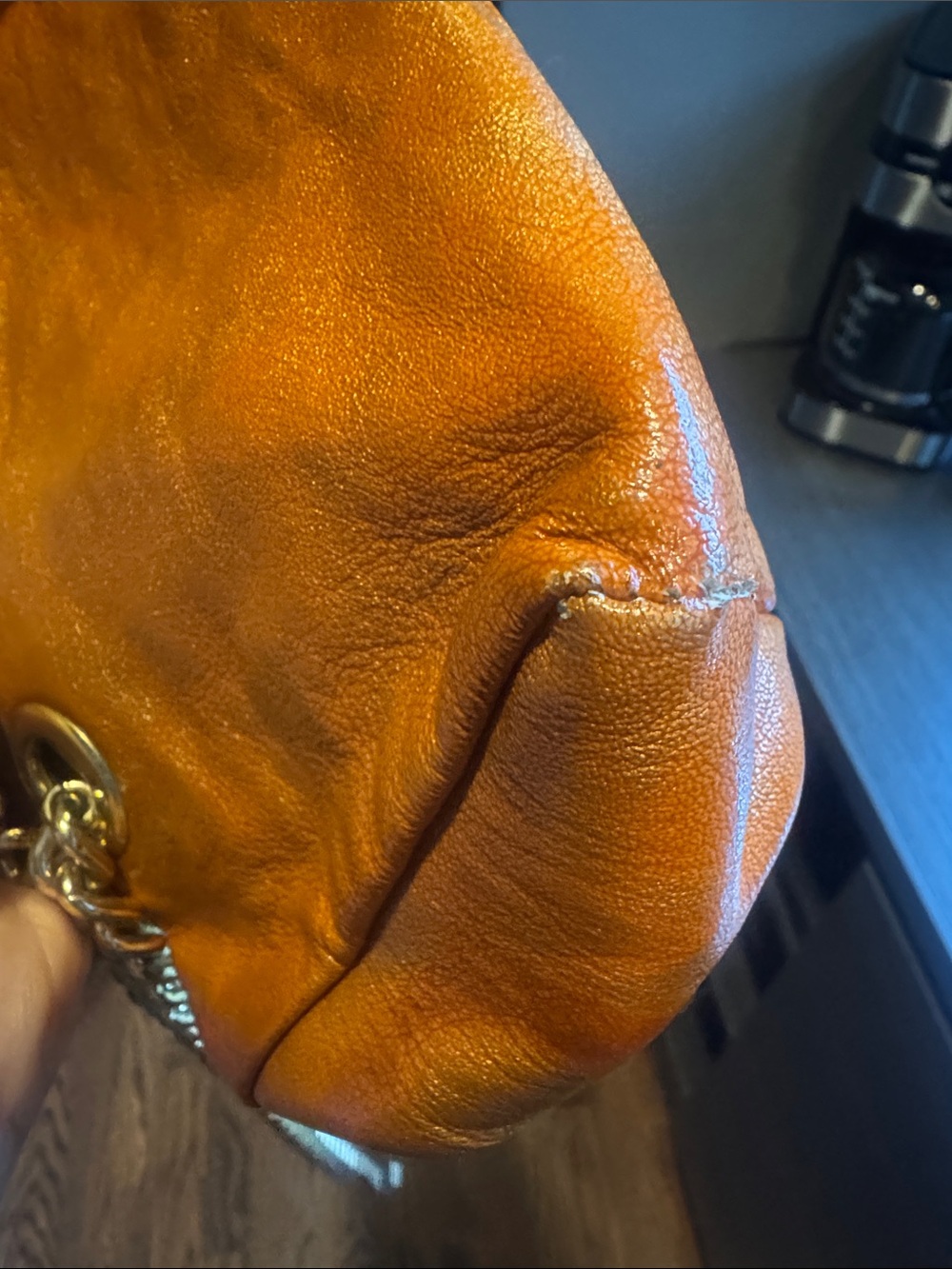 Henri Bendel Distressed Orange Leather Shoulder Bag with Gold Chain Straps - Picture 11 of 12